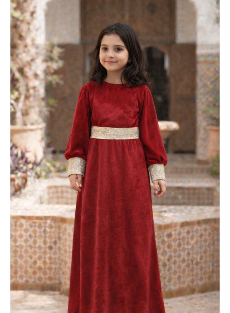 Girls Velvet Islamic Long Sleeve Dress with Separate Gold Belt, - Image 3